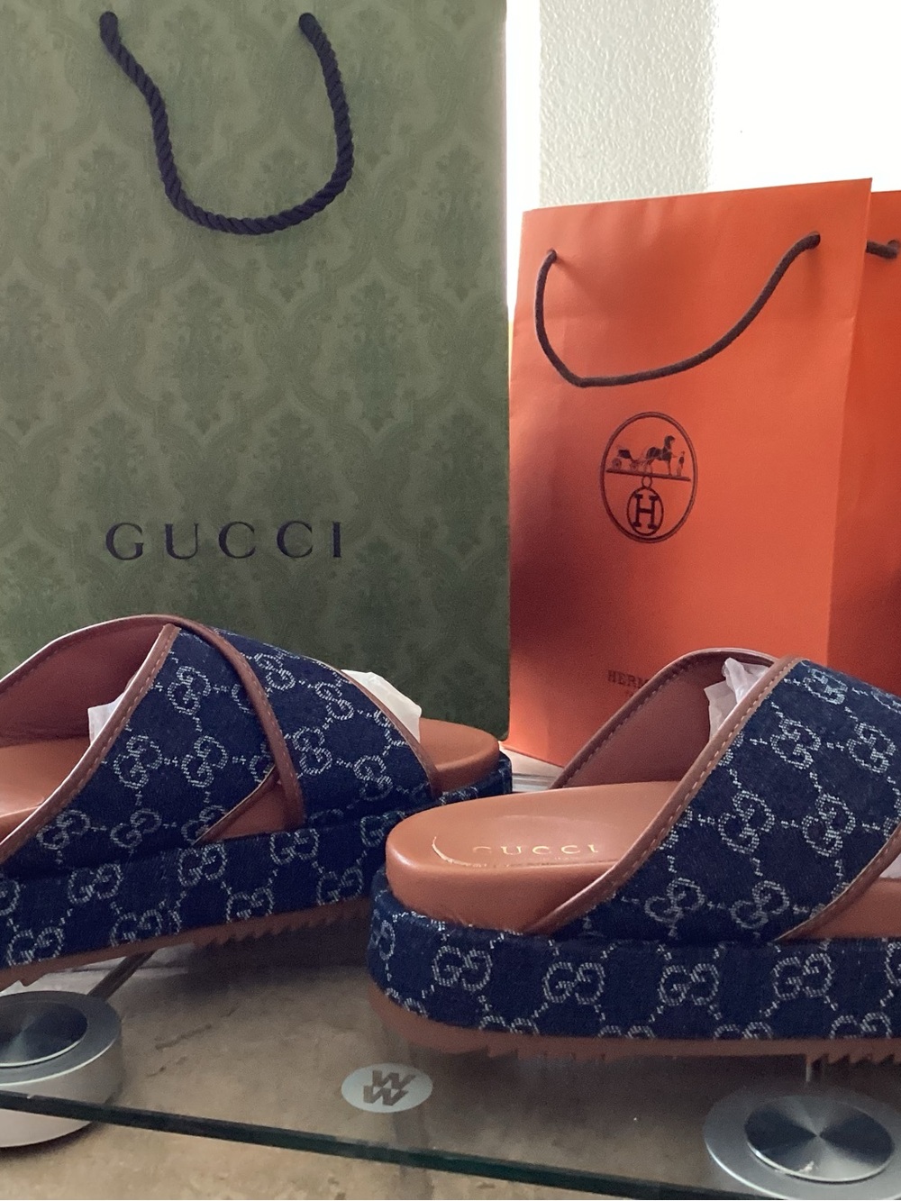 Gucci Denim GG Logo Platform Slides in Blue & Brown Leather - Picture 3 of 5